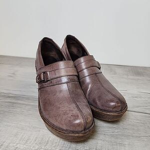 Born Clogs Women Size 11 Brown Leather 3" Block Heel W82528 Stretch Buckle Mule